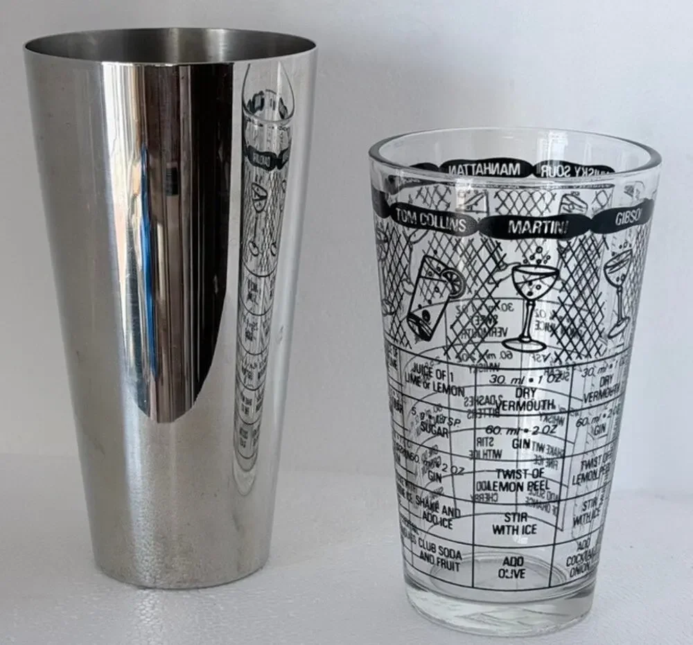 Vtg MCM Irvinware Boston Shaker Glass Stainless Steel Recipe OZ Cocktail Barware